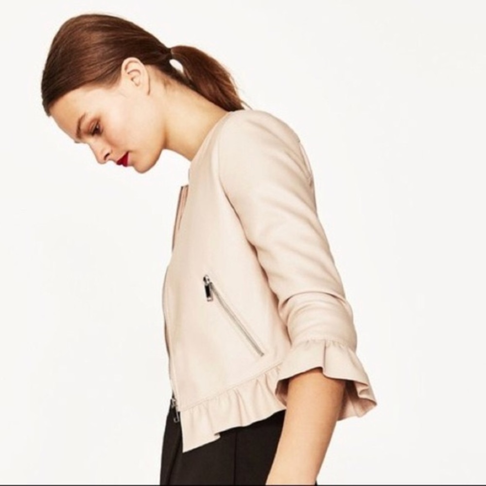 Zara Ruffle Hem Leather Jacket